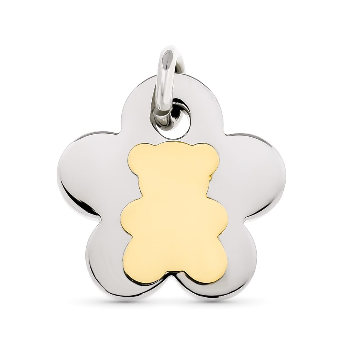 18K COLGANTE AMULETO ACERO Y ORO AMARILLO FLOR Y OSO