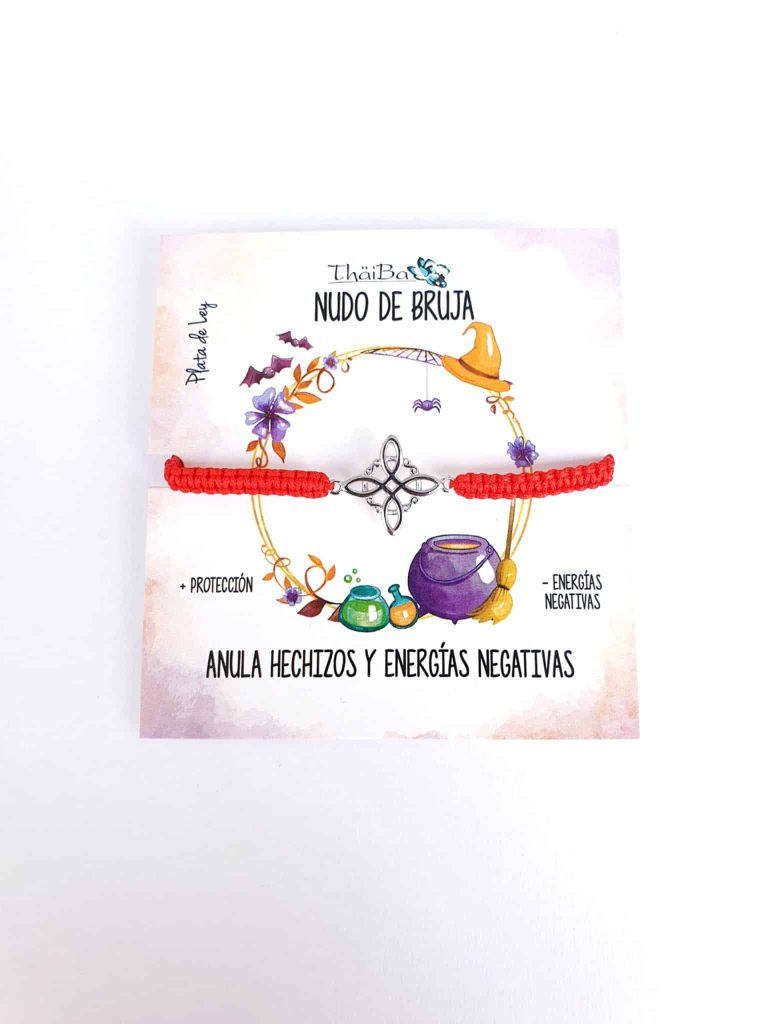 Pulsera macramé nudo de brujas roja de plata de ley