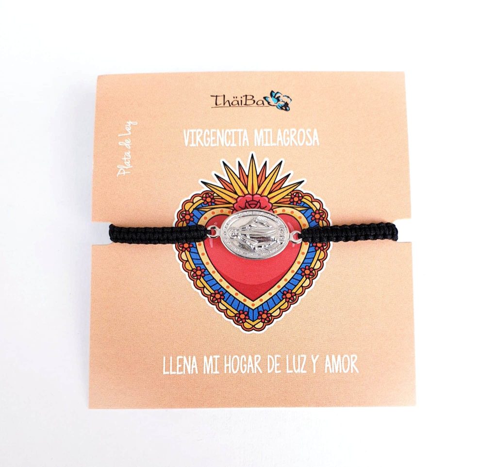 Pulsera macramé Virgencita Milagrosa de plata de ley