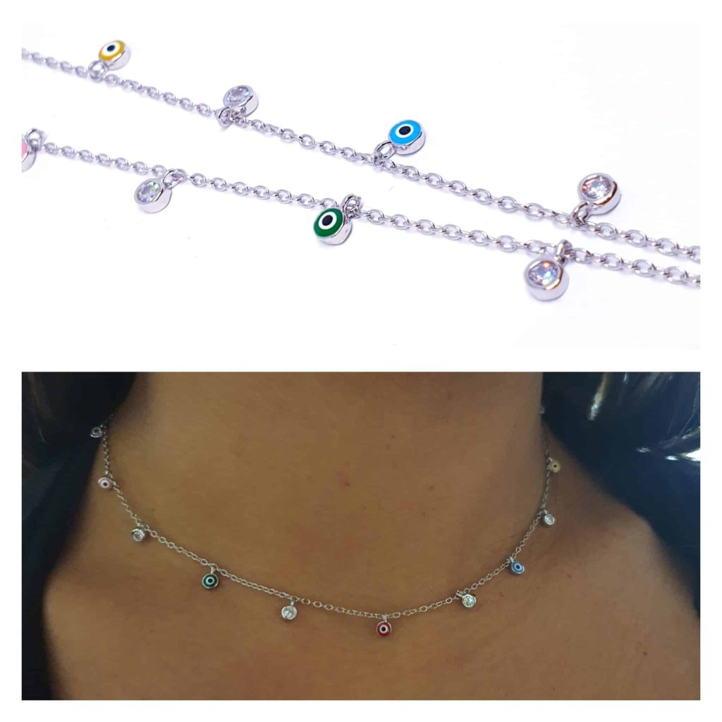 Collar mini ojitos turcos de plata de ley