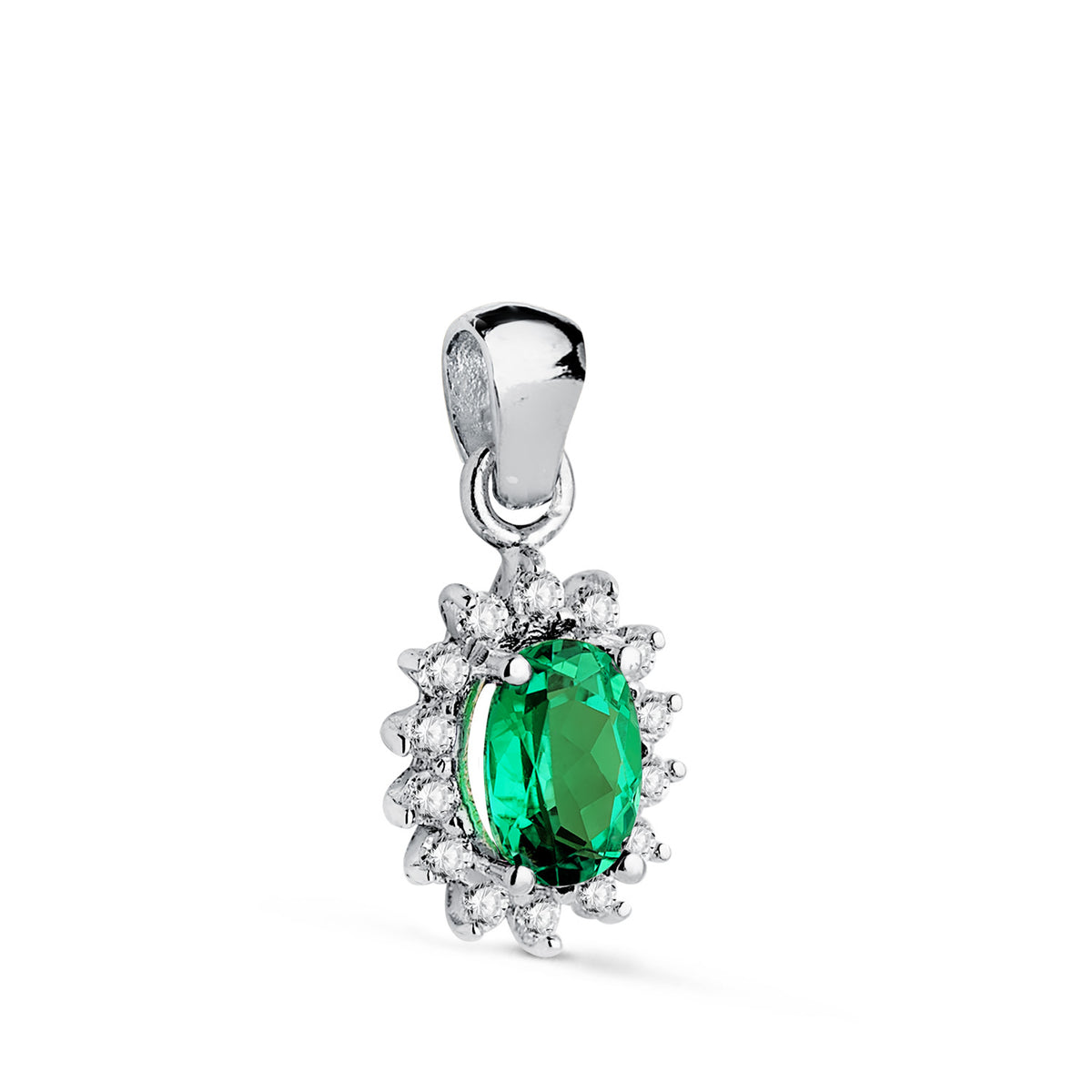 Colgante Esmeralda Recristalizada 6 x 4 mm 0,39 Qt. 14 Diamantes Laboratorio 0,14 Qts. Vs2-g. 9,5 x 8 mm de oro blanco 18K
