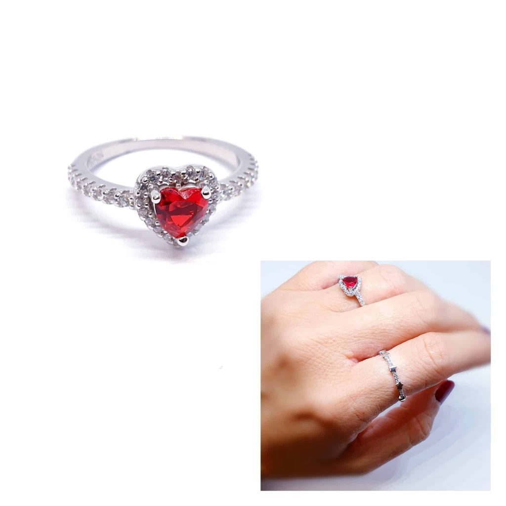 Anillo corazón rojo de plata de ley