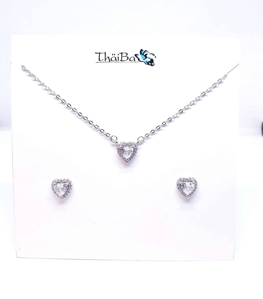 Set corazón blanco de plata de ley