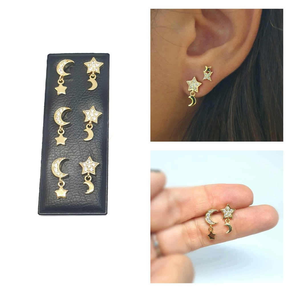 Pendientes luna y estrella oro de 14 quilates