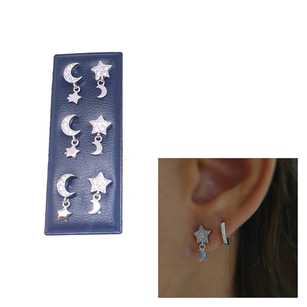 Pendientes luna y estrella de plata de ley
