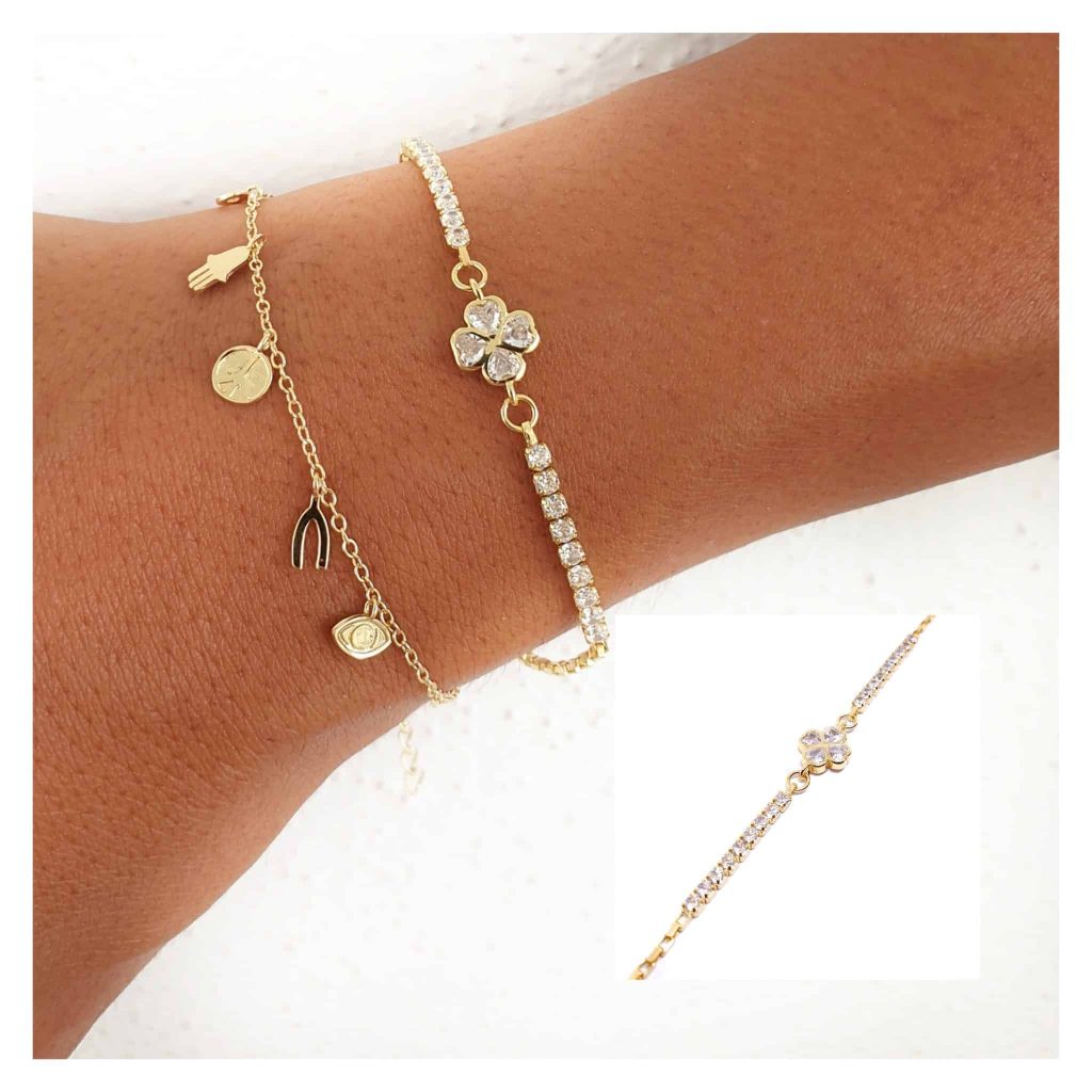 Pulsera trébol brillo oro de 14 quilates