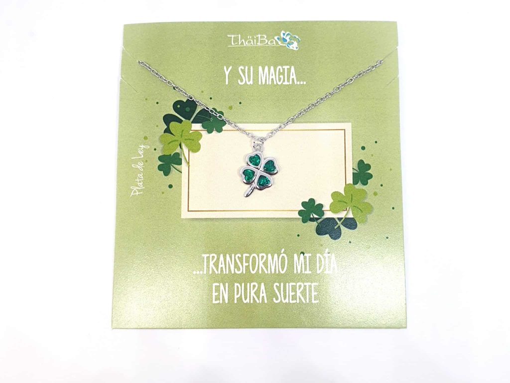 Collar trébol verde de plata de ley