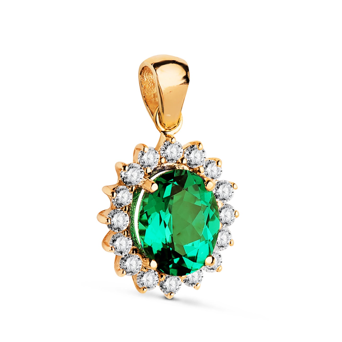 Colgante Esmeralda Recristalizada 9 x 7 mm 1,74 Qts. Diamantes Laboratorio Vs2-g 0,52 Qte 14 x 12 mm de oro amarillo 18K
