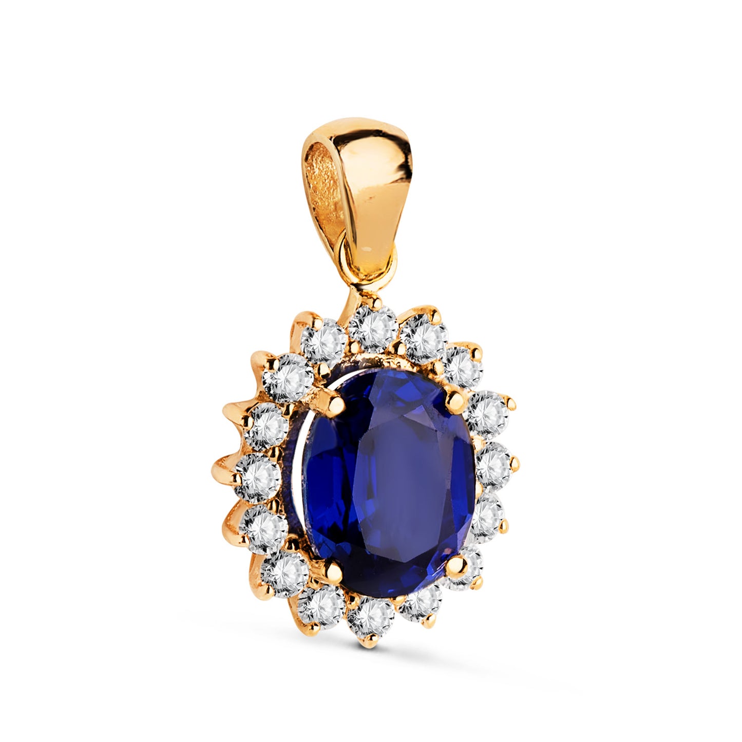 Colgante Zafiro Difusion 9 x 7 mm 2,47 Qt. 16 Diamantes Laboratorio 0,52 Qts. Vs2-g. 14 x 12 mm de oro amarillo 18K