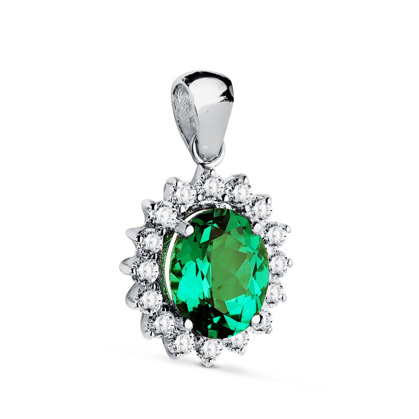 Colgante Esmeralda Recristalizada 9 x 7 mm 1,74 Qts. Diamantes Laboratorio Vs2-g 0,52 Qte 14 x 12 mm de oro blanco 18K