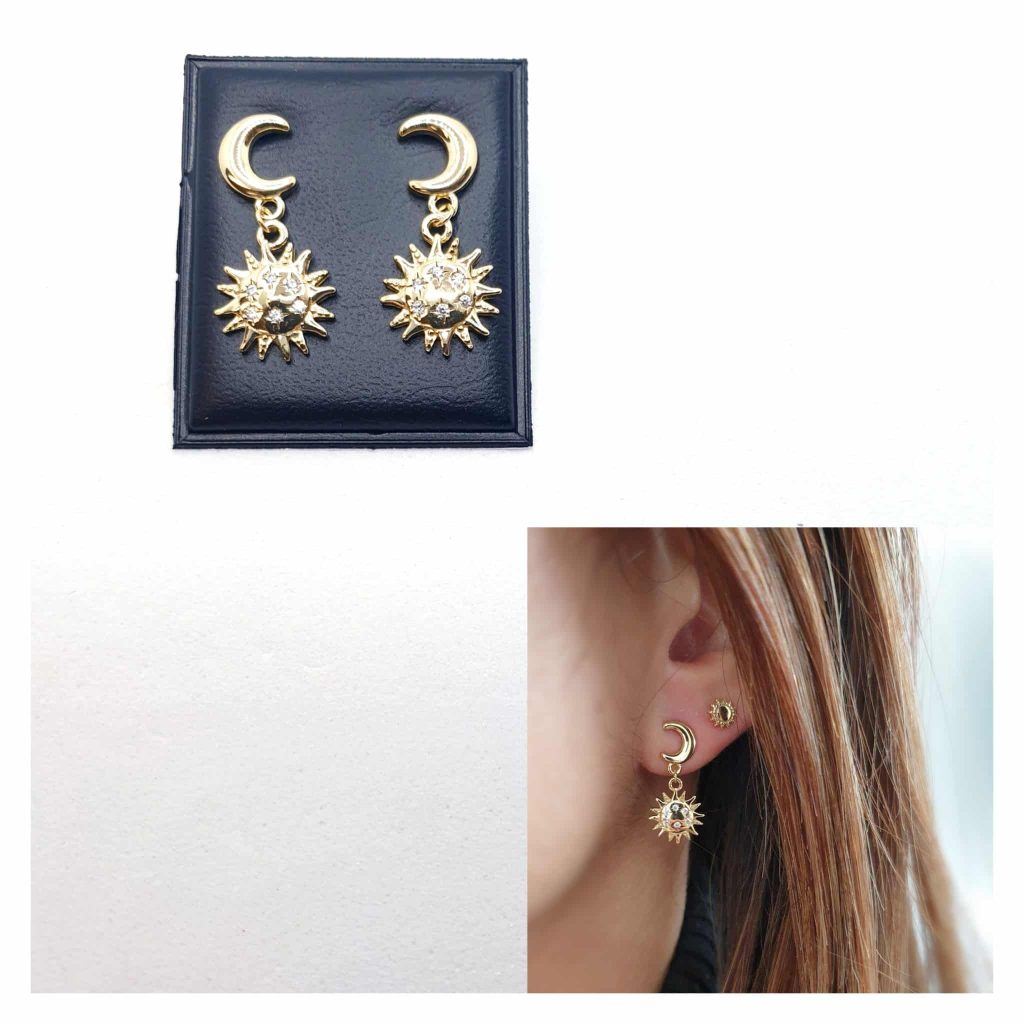 Pendientes sol y luna oro de 14 quilates
