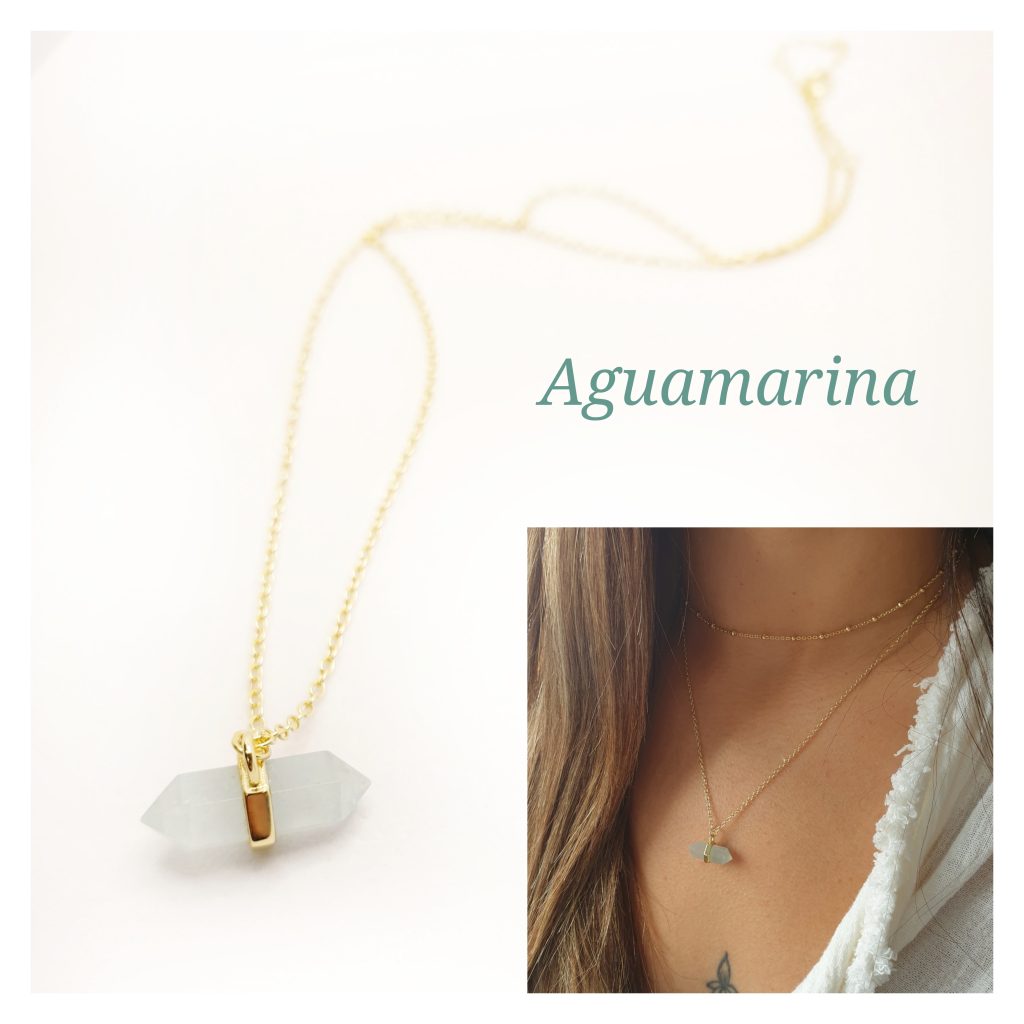 Collar piedra natural Aguamarina plata dorada
