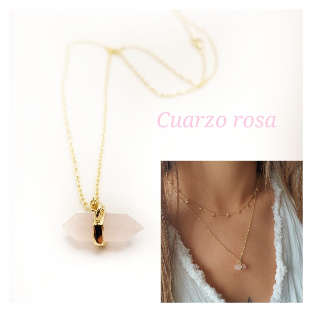 Collar piedra natural Cuarzo rosa plata chapada oro