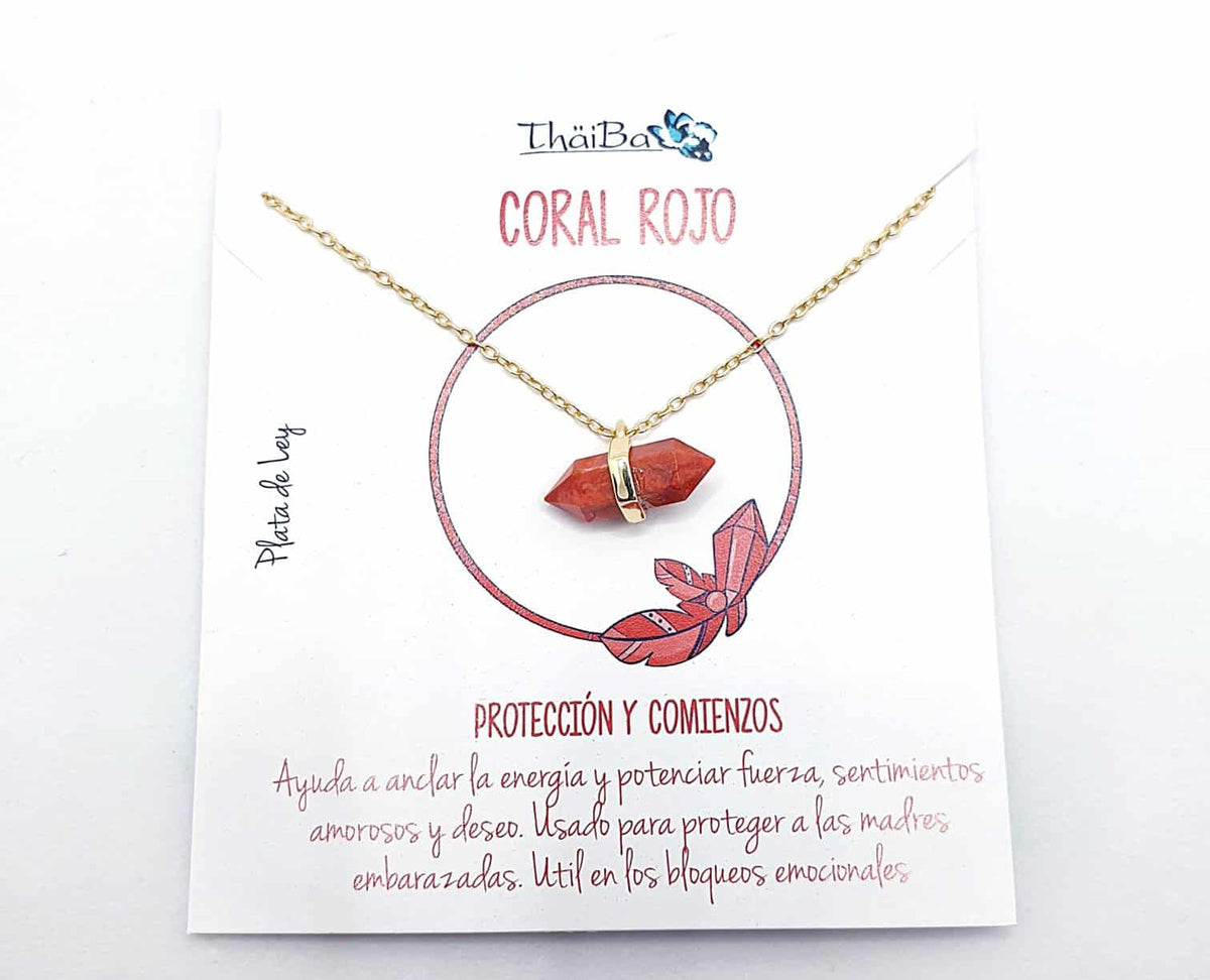 Collar coral rojo oro prisma de plata de ley con baño de oro de 14 quilates - Joyería Zafir