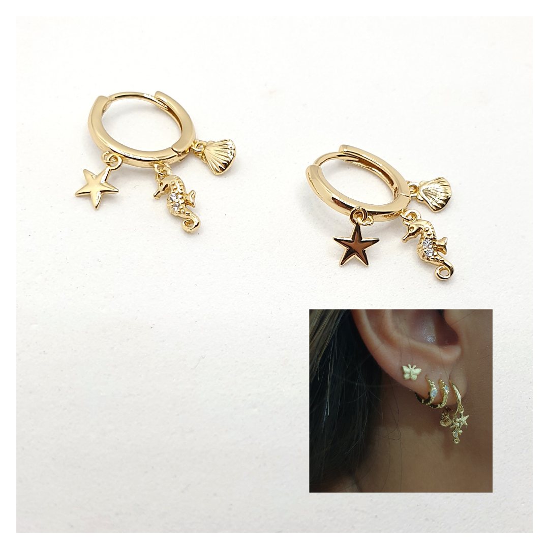 Pendientes Mar de de plata de ley con baño de oro de 14 quilates - Joyería Zafir