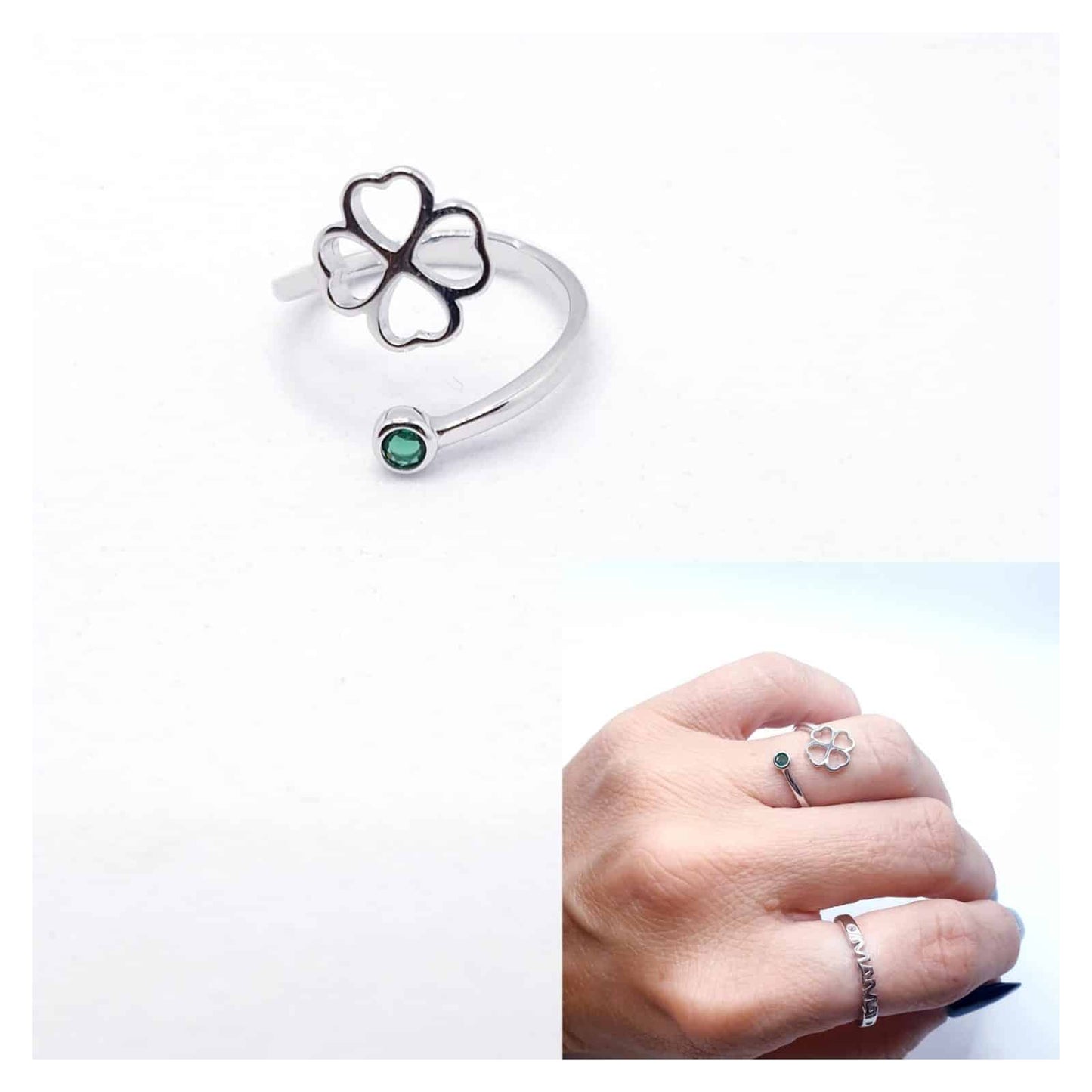 Anillo trébol ajustable de plata de ley