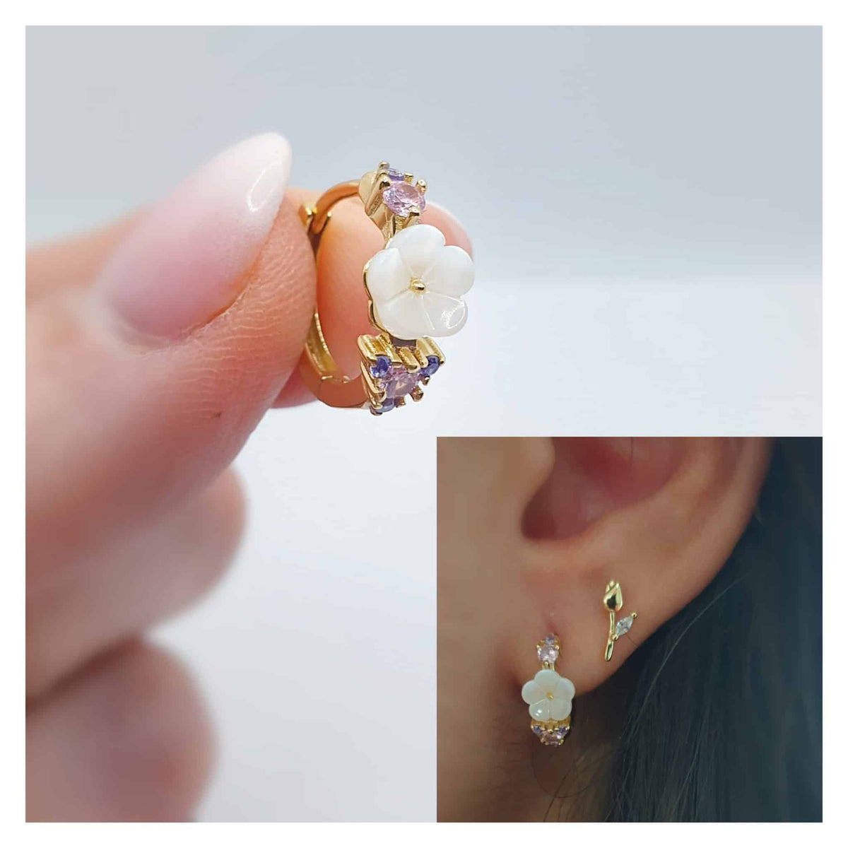 Pendientes flor nácar de plata de ley con baño de oro de 14 quilates - vista adicional