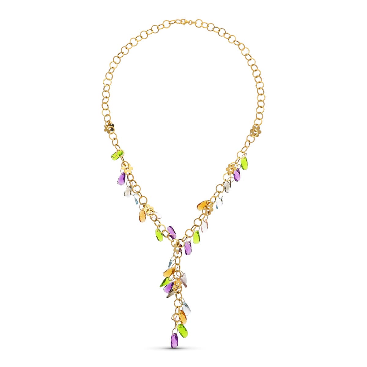 18K GARGANTILLA ORO AMARILLO FLORES Y PIEDRAS COLORES