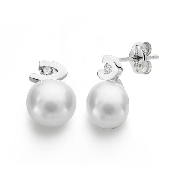 18K PENDIENTES ORO BLANCO PERLA CIRCONITA 12X7 MM CIERRE PRESION