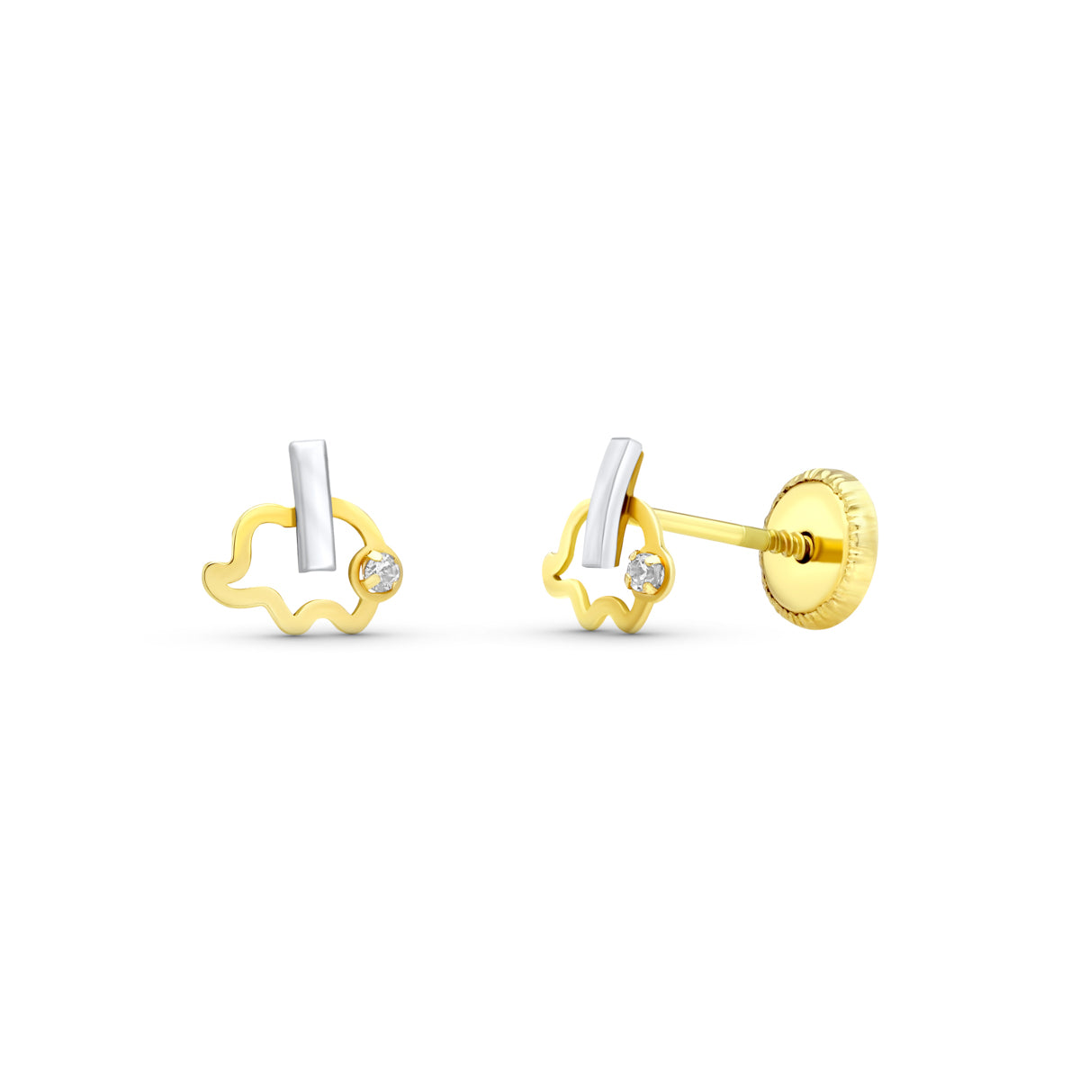 18K PENDIENTES ORO BICOLOR ELEFANTE 6X6 MM CIERRE TUERCA