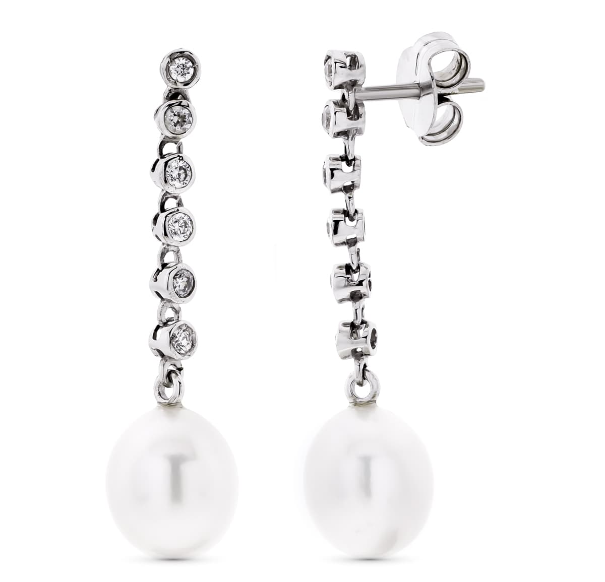 18K PENDIENTES ORO BLANCO LARGOS CON CIRCONITA Y PERLA CIERRE PRESION