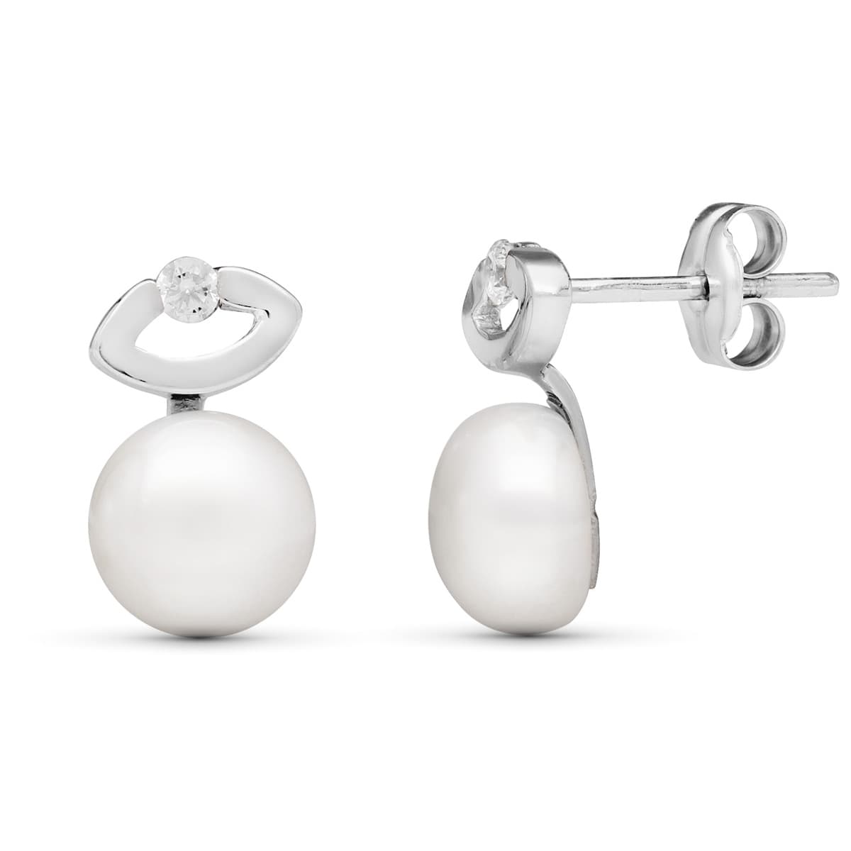 Pendientes Circonita y Perla Boton Cultivada 7 mm 12 x 7 mm de oro blanco 18K
