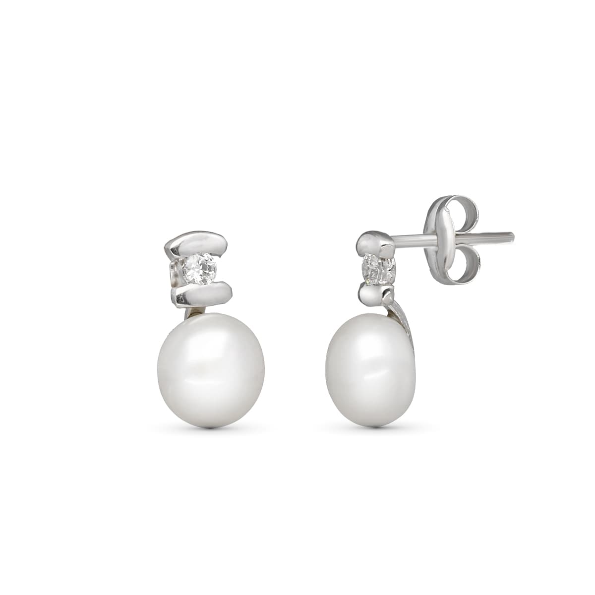 Pendientes Perla Circonita 10 x 6 mm de oro blanco 18K