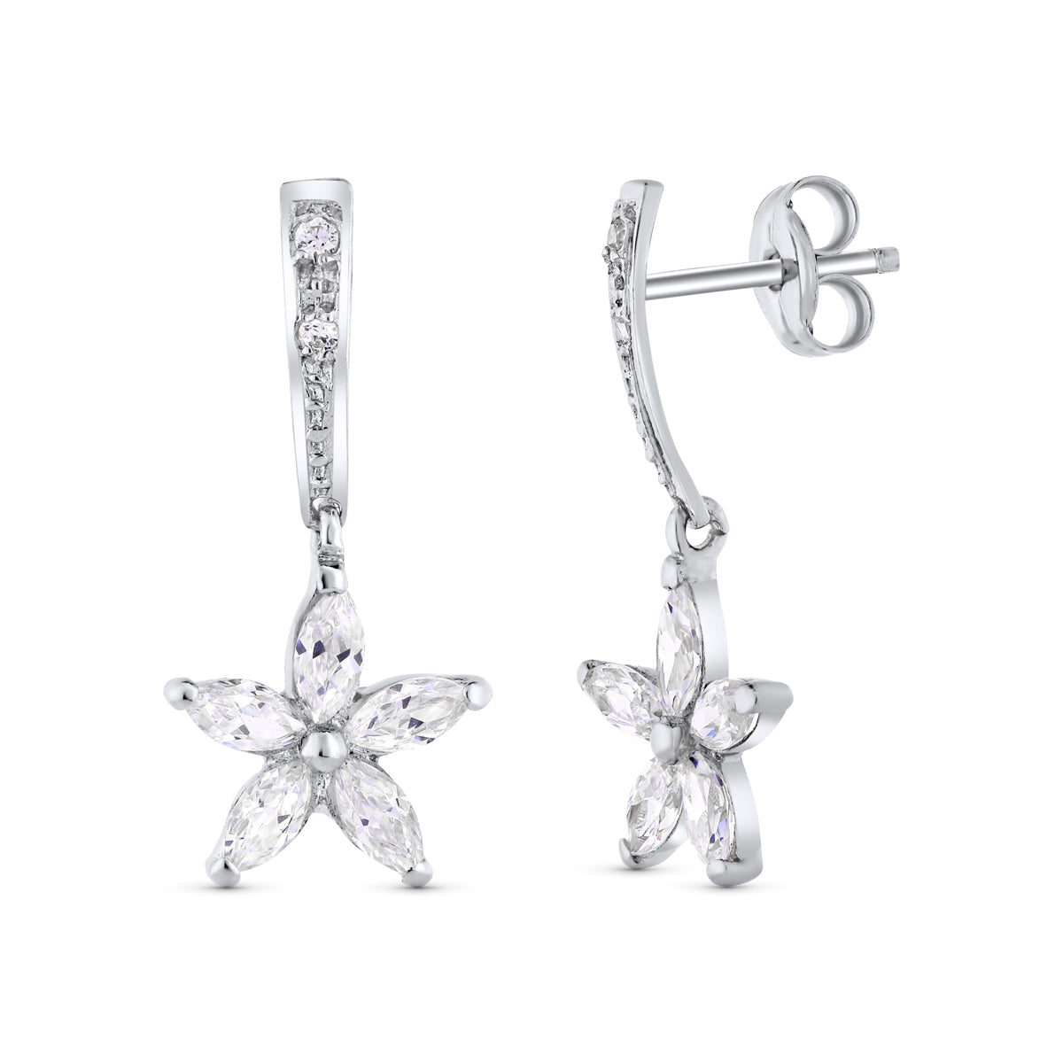 18K PENDIENTES ORO BLANCO FLOR PRESION. 20X9 MM CIERRE PRESION
