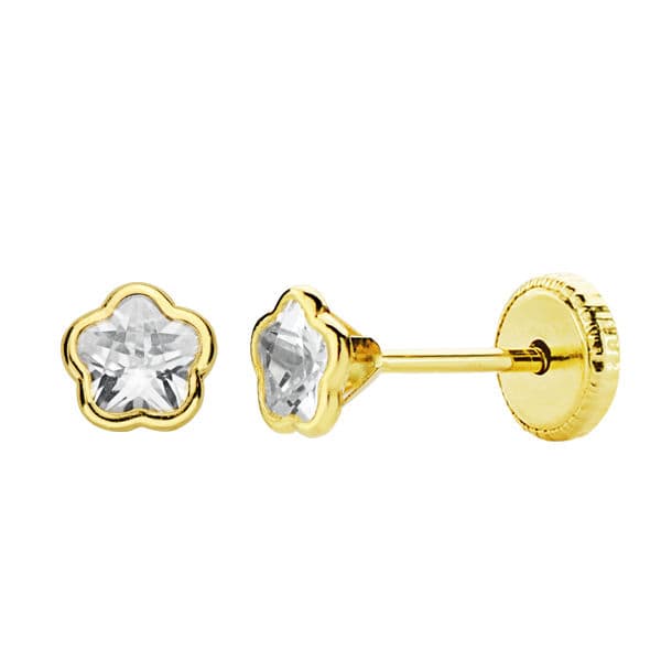 18K PENDIENTES ORO AMARILLO CHATON FLOR CIRCONITA 4X4 MM. CIERRE TUERCA