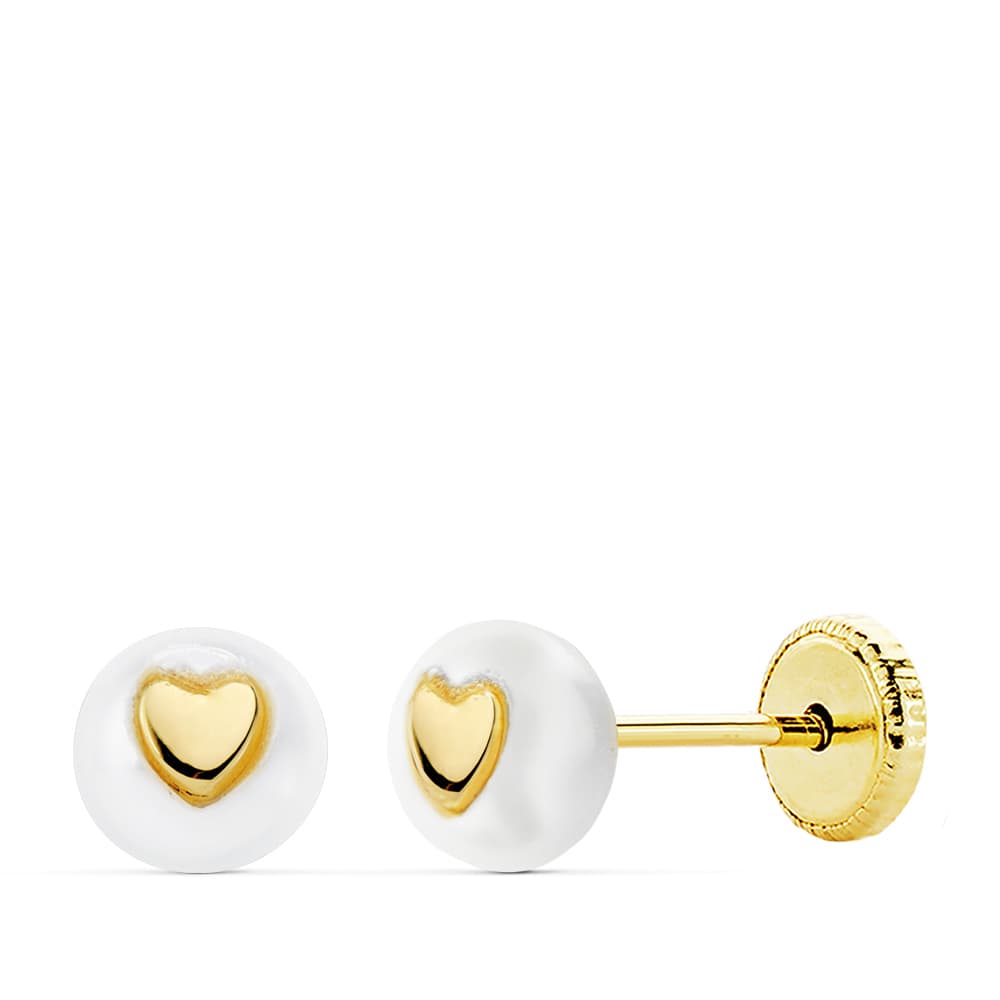 18K PENDIENTES ORO AMARILLO PERLA Y CORAZON TUERCA 5 MM