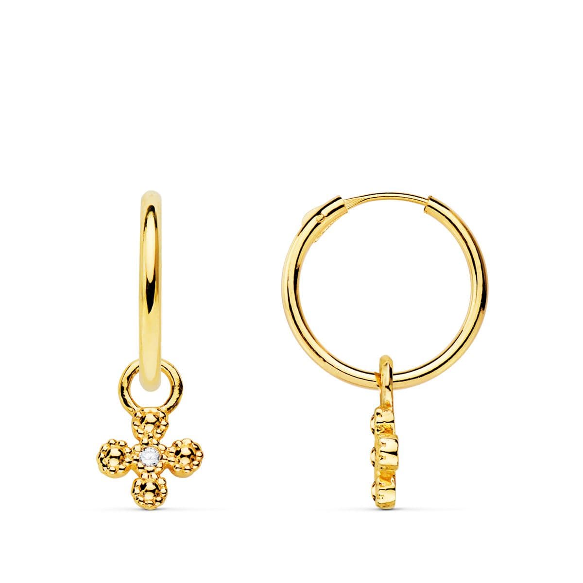 18K AROS TUBO REDONDO ORO AMARILLO 11X1.20 MM Y COLGANTE CRUZ CON CIRCONITA