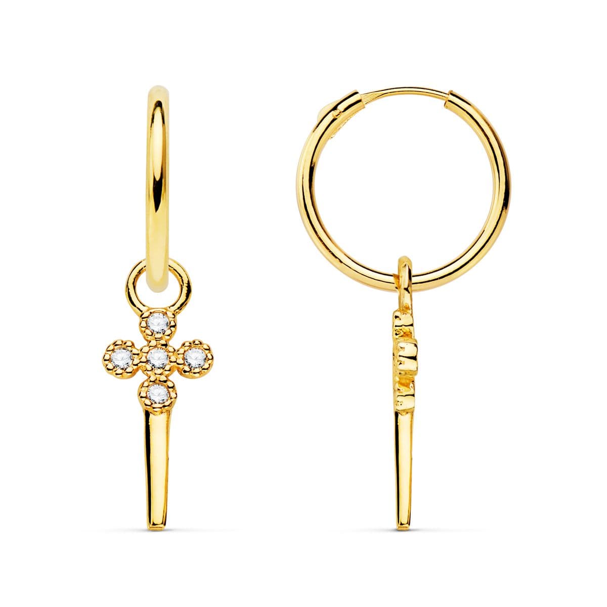 Aros Tubo Redondo 11 x 1,20 mm y Colgante Cruz con Puñal de oro amarillo 18K