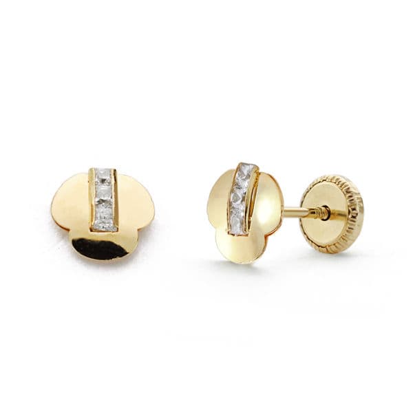 18K PENDIENTES ORO AMARILLO TREBOL CIRCONITAS. 6 MM CIERRE TUERCA