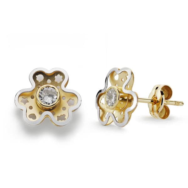18K PENDIENTES ORO BICOLOR TREBOL CIRCONITA 9X8 MM CIERRE PRESION