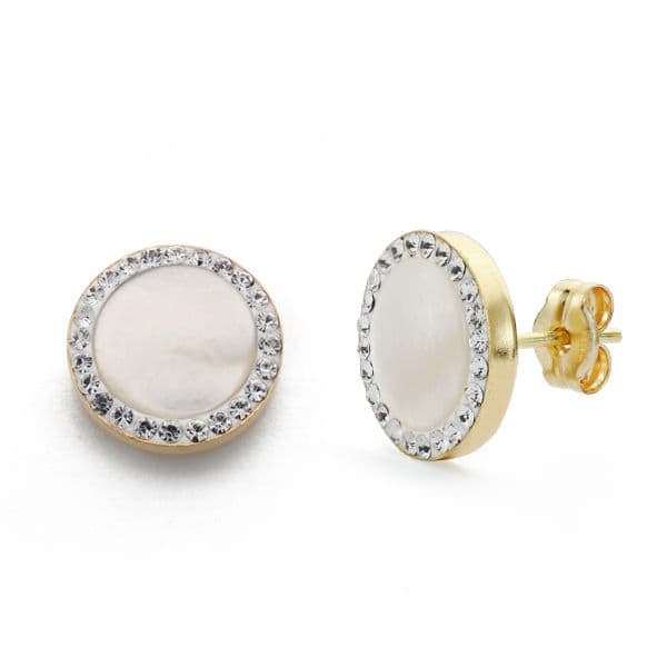 Pendientes Nacar y Circonita 11 mm de oro amarillo 9K