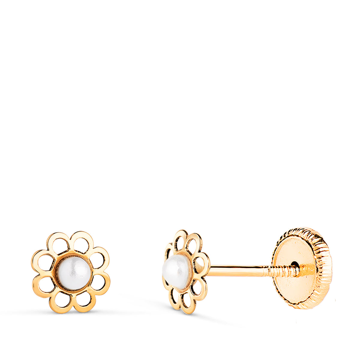 Pendientes Margarita Flor con Perlita 2 mm. Medida: 5,5 x 5 mm. Cierre Tuerca de oro amarillo 18K