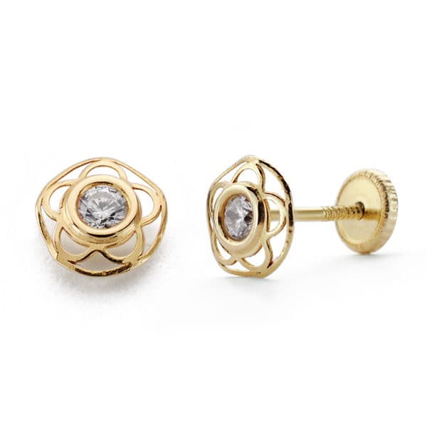 Pendientes Niña Flor Circonita Tuerca de oro amarillo 18K