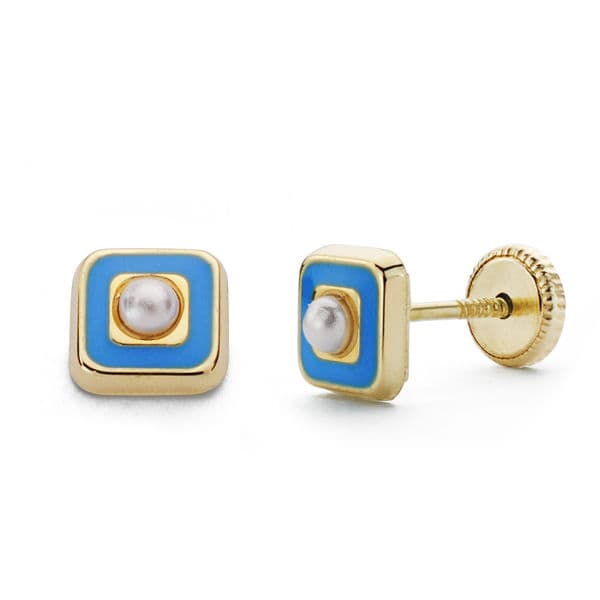 Pendientes Perla y Esmalte Azul 5 mm Cierre Tuerca de oro amarillo 18K