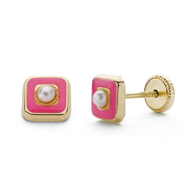 Pendientes Perlas Esmalte Rosa 5 mm Cierre Tuerca de oro amarillo 18K