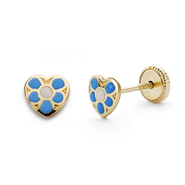 18K PENDIENTES ORO AMARILLO CORAZON AZUL. 5X5 MM CIERRE TUERCA