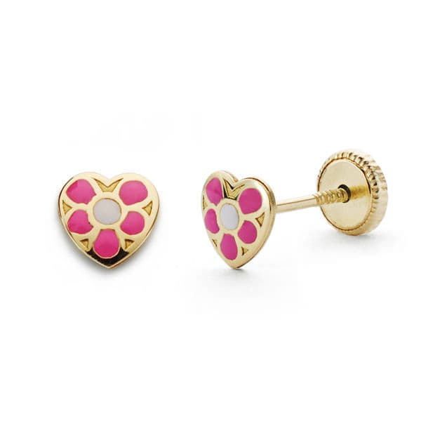 Pendientes Corazon Rosa 5 x 5 mm Cierre Tuerca de oro amarillo 18K