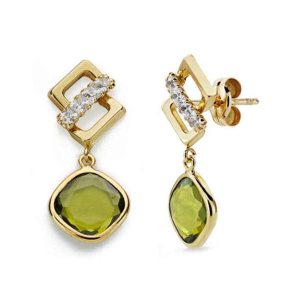 Pendientes Piedra Verde y Circonita 23 x 10 mm de oro amarillo 9K