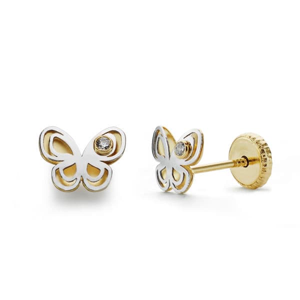18K PENDIENTES ORO BICOLOR MARIPOSA CIRCONITA 5X6 MM CIERRE TUERCA