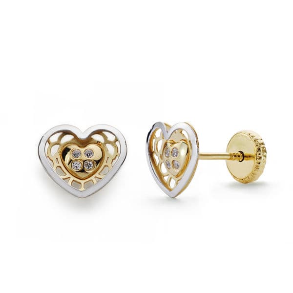 18K PENDIENTES ORO BICOLOR CORAZON CIRCONITA 6X7 MM CIERRE TUERCA