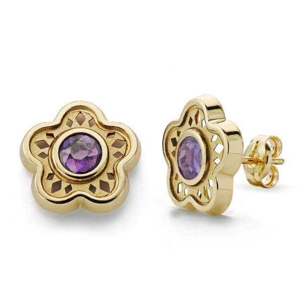Pendientes Flor Piedra Color Amatista 11 mm de oro amarillo 18K