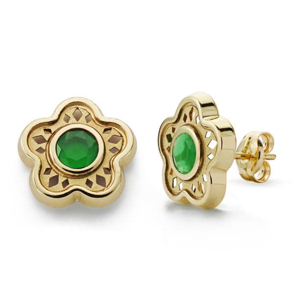 Pendientes Flor Piedra Color Verde 11 mm de oro amarillo 18K