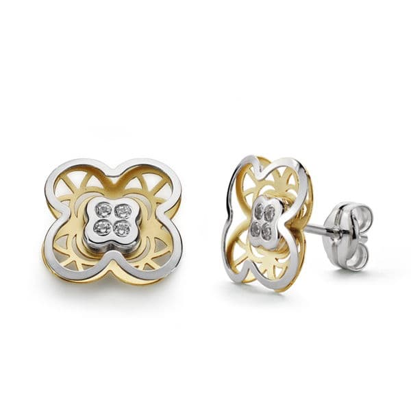 Pendientes Bicolor Trebol Circonita 9 mm 18K