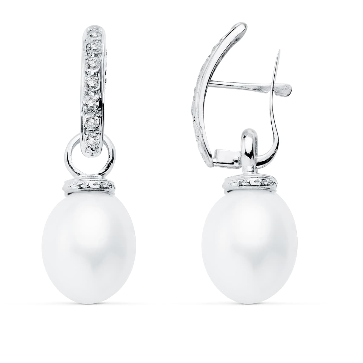 18K PENDIENTES ORO BLANCO PERLA 30X10 MM CIERRE CATALAN