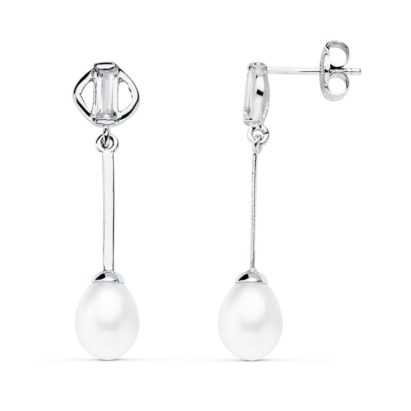 Pendientes Largos Perla de oro blanco 9K