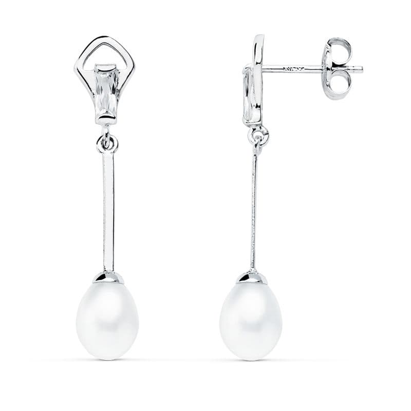Pendientes con Circonitas Baguette y Perlas. Medida: 31 x 6 mm. de oro blanco 18K